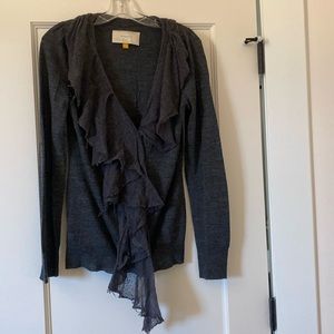 Grey cashmere ruffle front cardigan